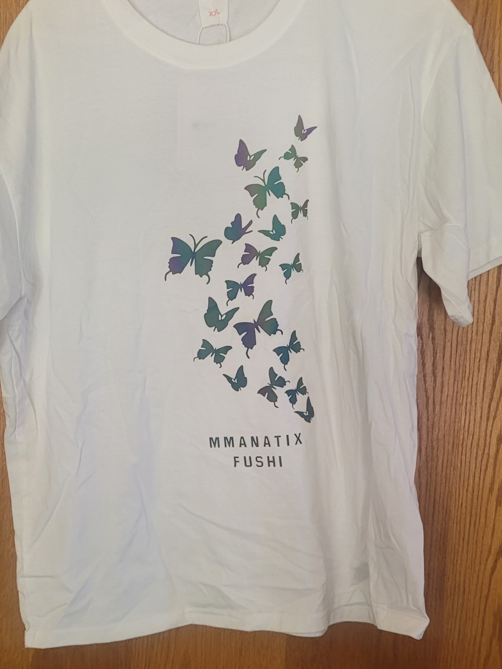 Men’s White Short Sleeve Tee with Green-Purple Butterfly Print